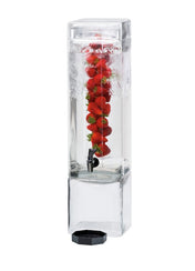 A tall, clear BPA free beverage dispenser filled with water features a vertical infusion chamber holding fresh whole strawberries. A black spigot sits near the base, and the dispenser rests on a square base with a black lid in front.