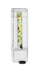 A tall, clear acrylic beverage dispenser filled with water features a vertical infusion chamber holding sliced lemons and cucumbers. It includes a black spigot at the front bottom and a removable black drip tray below, all set against a plain white background.