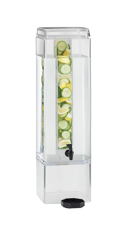 A tall, clear acrylic beverage dispenser filled with water features a vertical infusion chamber holding sliced lemons and cucumbers. It includes a black spigot at the front bottom and a removable black drip tray below, all set against a plain white background.
