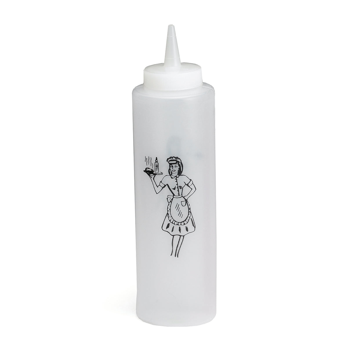 A clear, 12 oz Nostalgia Squeeze Bottle with a pointed nozzle cap. It features a black line drawing of a smiling woman in a vintage waitress uniform holding a steaming plate of food—plus, it's dishwasher safe for easy cleaning.