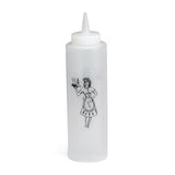 A clear, 12 oz Nostalgia Squeeze Bottle with a pointed nozzle cap. It features a black line drawing of a smiling woman in a vintage waitress uniform holding a steaming plate of food—plus, it's dishwasher safe for easy cleaning.
