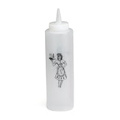 A clear, 12 oz Nostalgia Squeeze Bottle with a pointed nozzle cap. It features a black line drawing of a smiling woman in a vintage waitress uniform holding a steaming plate of food—plus, it's dishwasher safe for easy cleaning.