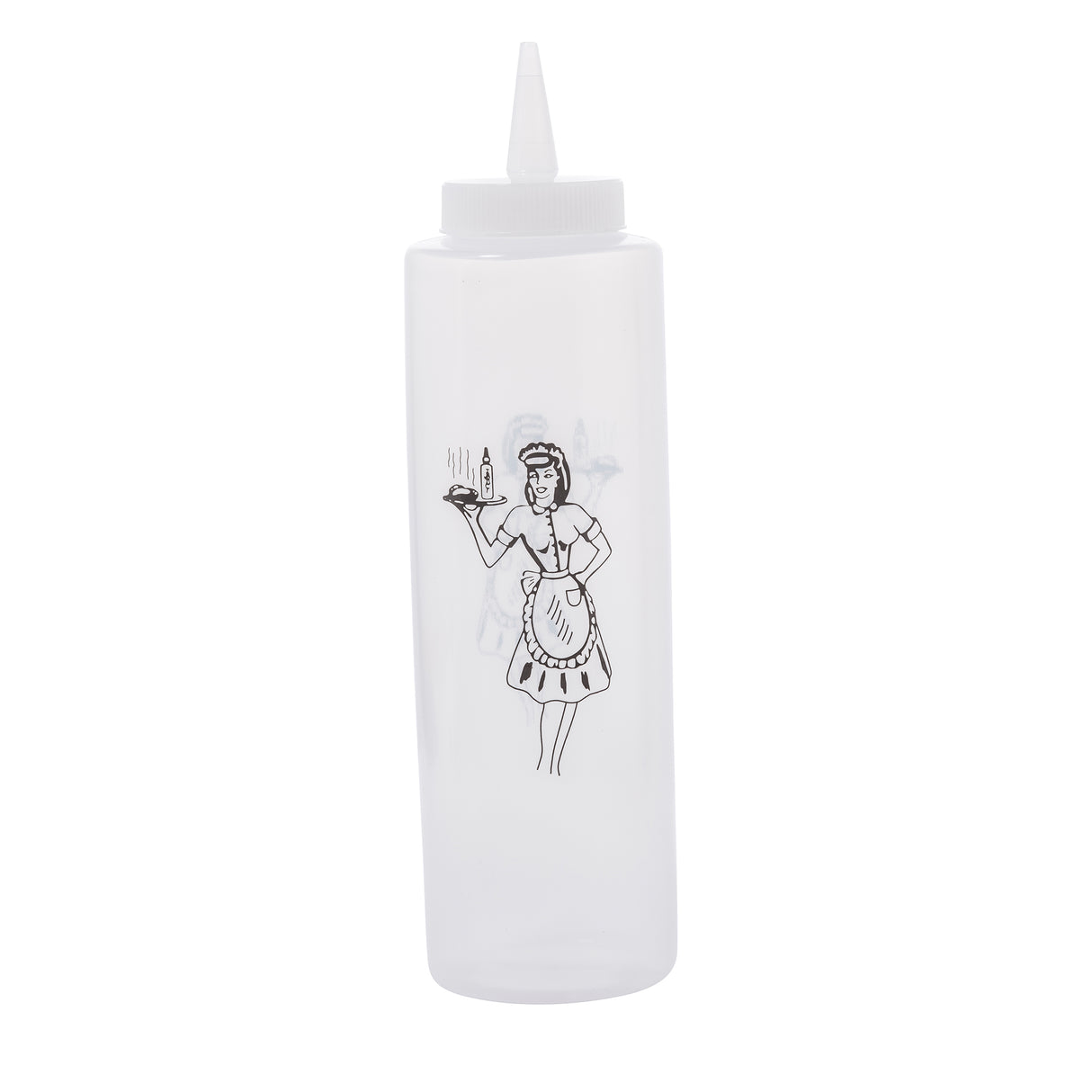 The Nostalgia Squeeze Bottle is a clear 12 oz plastic bottle with a white twist cap and pointed nozzle, featuring a black line drawing of a classic diner waitress. This dishwasher safe bottle brings retro charm to your kitchen.