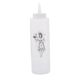 The Nostalgia Squeeze Bottle is a clear 12 oz plastic bottle with a white twist cap and pointed nozzle, featuring a black line drawing of a classic diner waitress. This dishwasher safe bottle brings retro charm to your kitchen.