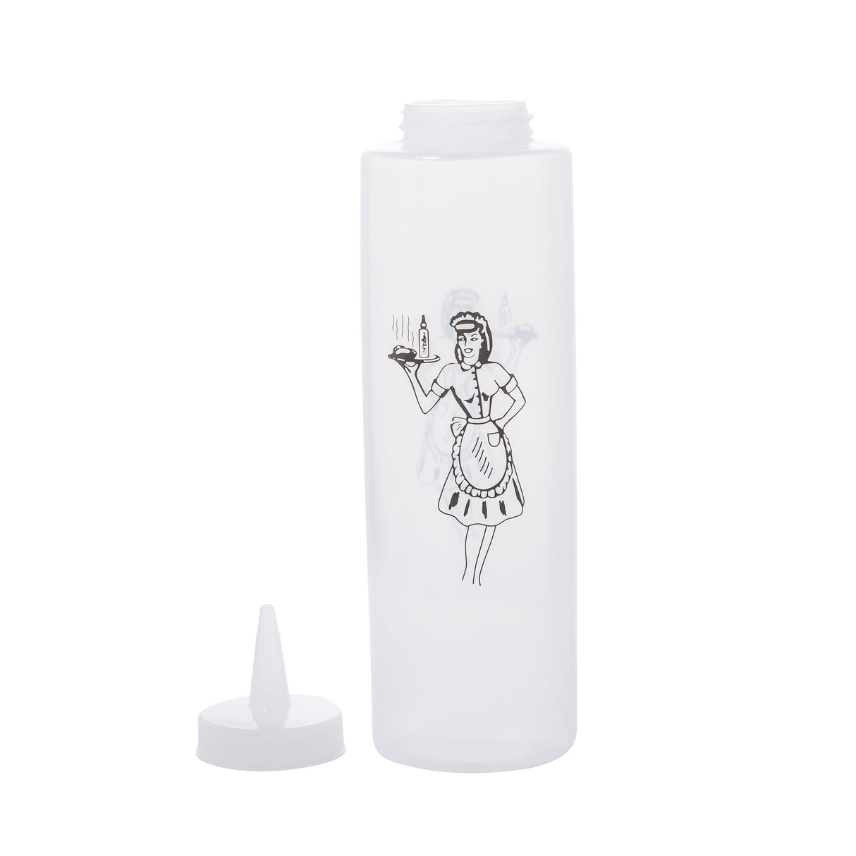 A Nostalgia Squeeze Bottle, 12 oz, with a clear body and black line drawing of a maid holding a condiments bottle sits on a white background. The detached pointed nozzle cap is included, and it's dishwasher safe for easy cleaning.