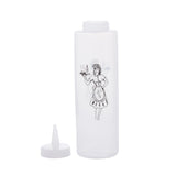 A Nostalgia Squeeze Bottle, 12 oz, with a clear body and black line drawing of a maid holding a condiments bottle sits on a white background. The detached pointed nozzle cap is included, and it's dishwasher safe for easy cleaning.