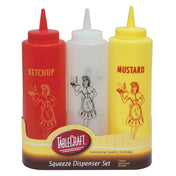 The Nostalgia Squeeze Bottle Set features three condiment bottles in a Tablecraft holder, each with waitress artwork. The set includes labeled ketchup and mustard bottles and is proudly Made in USA.