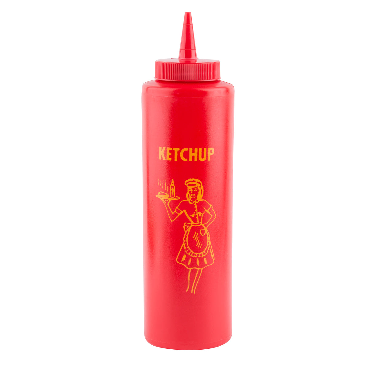 A red Nostalgia Squeeze Bottle with a pointed nozzle and a yellow illustration of a woman holding a tray. The word KETCHUP appears above the image. This ketchup bottle stands upright on a white background and is dishwasher safe.