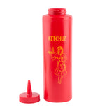A red Nostalgia Squeeze Bottle labeled “KETCHUP” in yellow features a retro-style woman holding a plate and a ketchup bottle. The cone-shaped red cap sits upright beside the dishwasher safe bottle, revealing its opening.