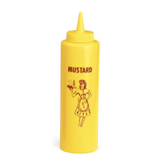 A tall 12 oz yellow Nostalgia Squeeze Bottle with a narrow nozzle and the word MUSTARD printed in brown above a retro-style drawing of a smiling woman holding a plate. The bottle is plain with no other visible labels or markings.