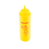 A bright yellow 12 oz Nostalgia Squeeze Bottle with a pointed nozzle cap, labeled MUSTARD in red letters. The bottle features a red line drawing of a smiling woman holding a tray with mustard. Background is white.