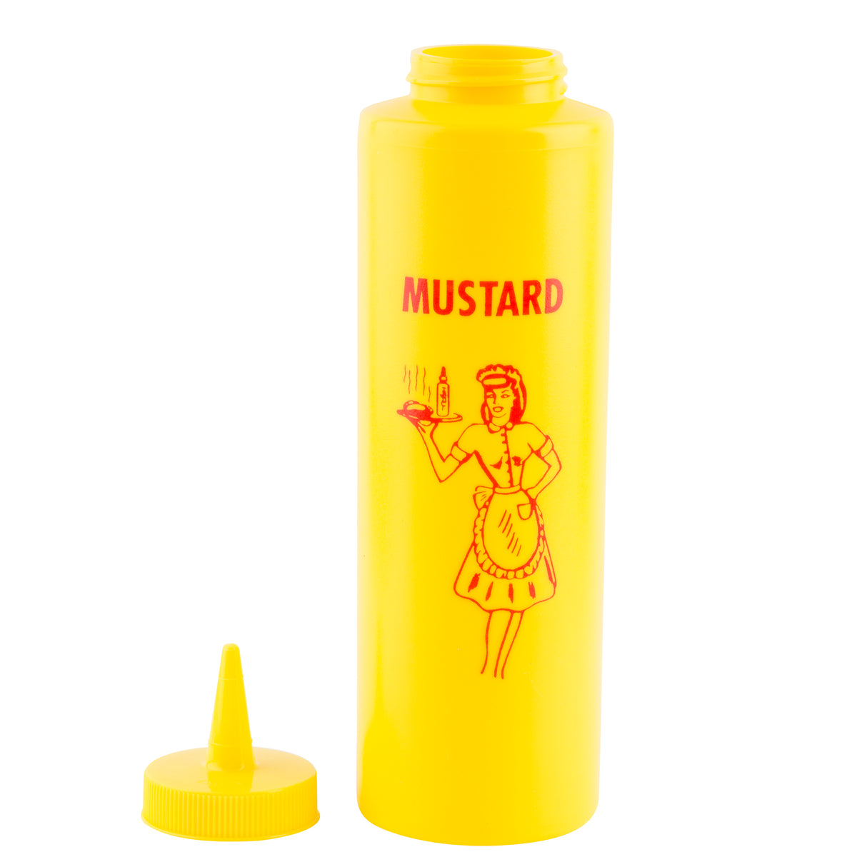 A bright yellow 12 oz Nostalgia Squeeze Bottle labeled “MUSTARD” in red, with a drawing of a woman in an apron holding a tray. The pointed yellow cap is detached and placed to the left of the upright, open bottle.