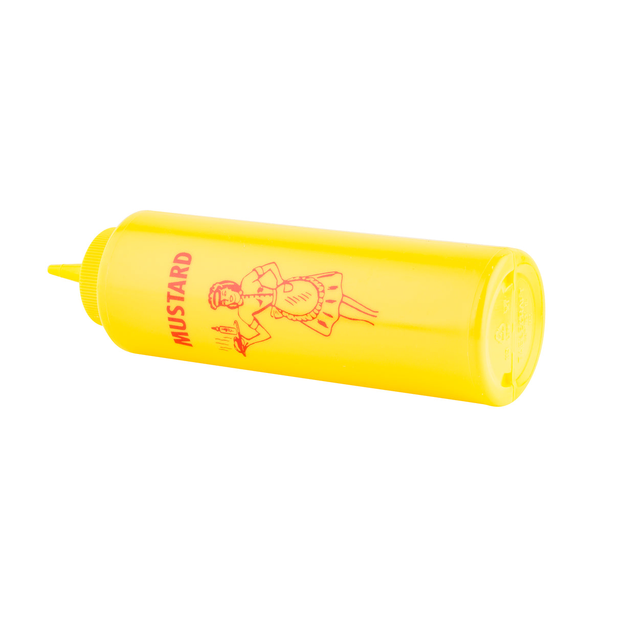 A 12 oz Nostalgia Squeeze Bottle for mustard, with the word MUSTARD and a red outline drawing of a person holding a tray. The capped bottle lies on its side against a white background.