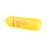 A 12 oz Nostalgia Squeeze Bottle for mustard, with the word MUSTARD and a red outline drawing of a person holding a tray. The capped bottle lies on its side against a white background.