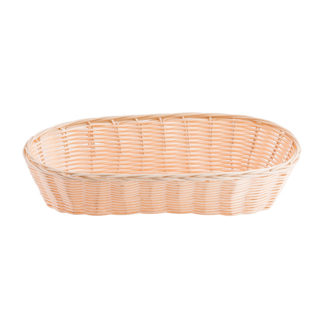 A light beige, oval-shaped hand-woven Basket with a woven pattern. The basket has low sides, a smooth rim, and is empty, shown against a plain white background.