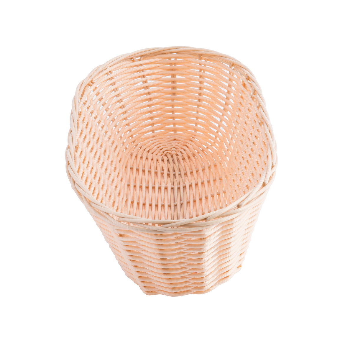 A light beige, empty hand-woven Basket with a round, slightly tapered shape. The woven pattern is visible, and the basket is photographed from a top angle on a plain white background.