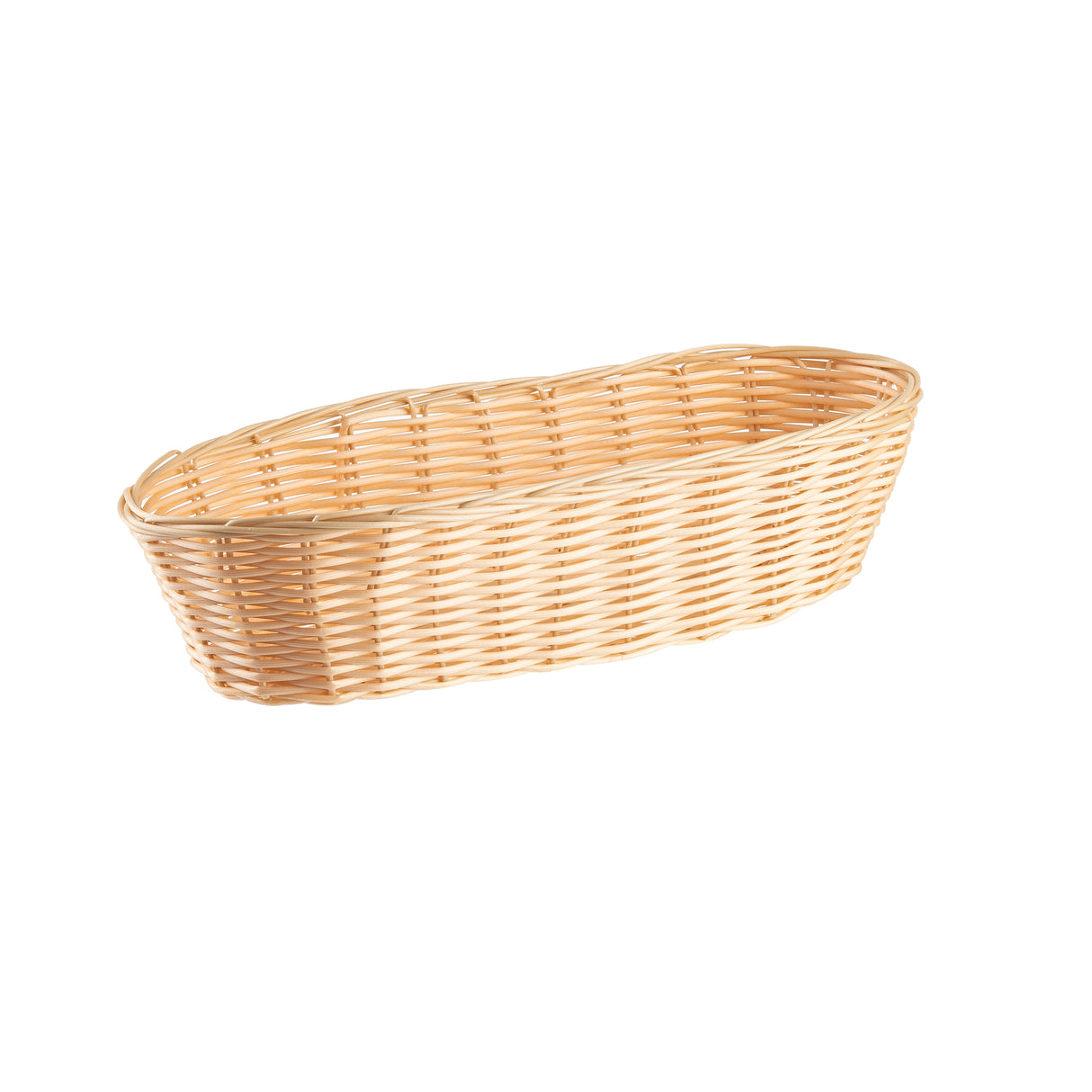 A light brown, oval-shaped hand-woven basket with a woven pattern is shown against a plain white background. The basket is empty and viewed at a slight angle, displaying its open top and textured sides.