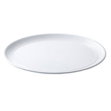 A plain, round, white Pulito Collection Platter by TableCraft Products with a slightly raised rim featuring concentric circular grooves. The empty melamine platter is photographed on a white background, emphasizing its simple and clean design.