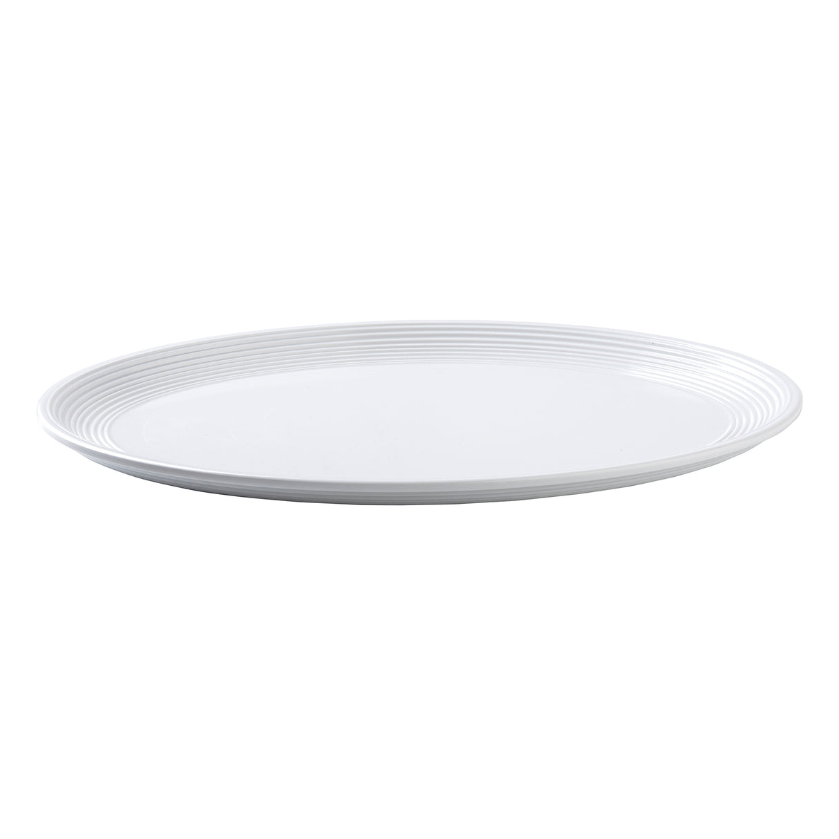 A plain, round, white TableCraft Products Pulito Collection Platter with a slightly raised rim featuring subtle concentric ridges. The melamine platter is empty and photographed on a white background for a clean, minimalistic look.