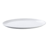 A plain, round, white TableCraft Products Pulito Collection Platter with a slightly raised rim featuring subtle concentric ridges. The melamine platter is empty and photographed on a white background for a clean, minimalistic look.