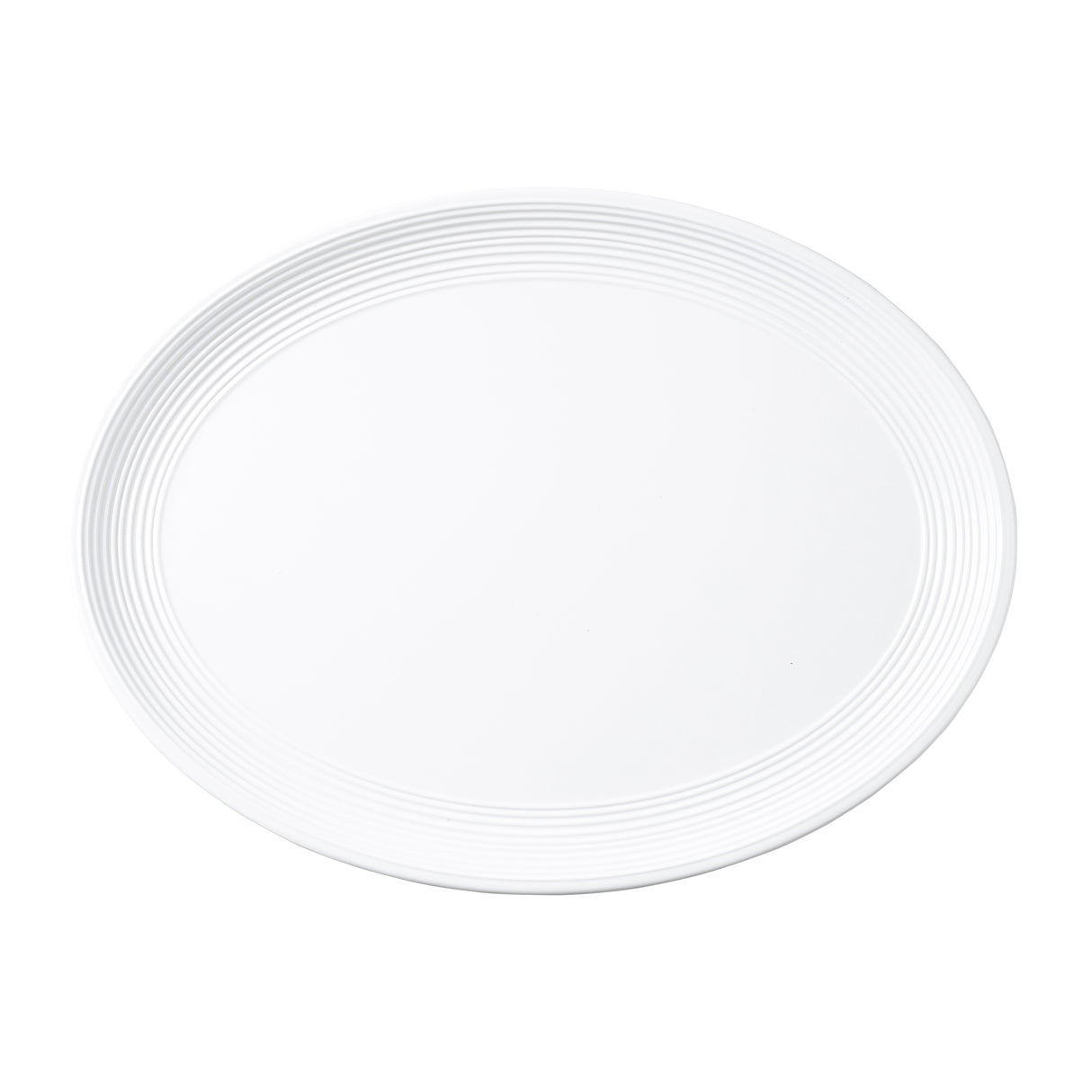 A plain, round white melamine platter with a smooth surface and subtle concentric ridges near the edge, photographed against a white background. The clean, empty plate highlights its simple and minimalistic design from TableCraft Products.