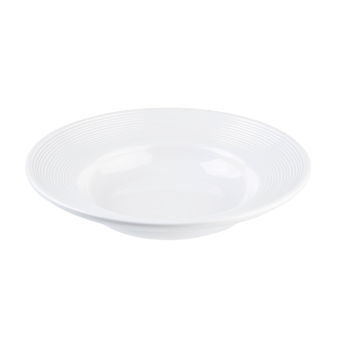 A white, round, shallow ceramic pasta bowl with a wide rim featuring subtle concentric ridges. The bowl is empty and isolated on a plain white background.