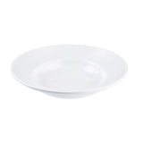 A white, round, shallow ceramic pasta bowl with a wide rim featuring subtle concentric ridges. The bowl is empty and isolated on a plain white background.
