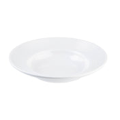 A white, round, shallow ceramic pasta bowl with a wide rim featuring subtle concentric ridges. The bowl is empty and isolated on a plain white background.