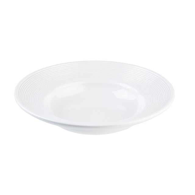 A white, round, shallow ceramic pasta bowl with a wide rim featuring subtle concentric ridges. The bowl is empty and isolated on a plain white background.