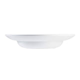 A plain white, round TableCraft plate with subtle horizontal ridges along the rim, viewed from the side against a white background. The plate has a slightly raised edge and a small, circular base, giving it a shallow, elegant appearance.