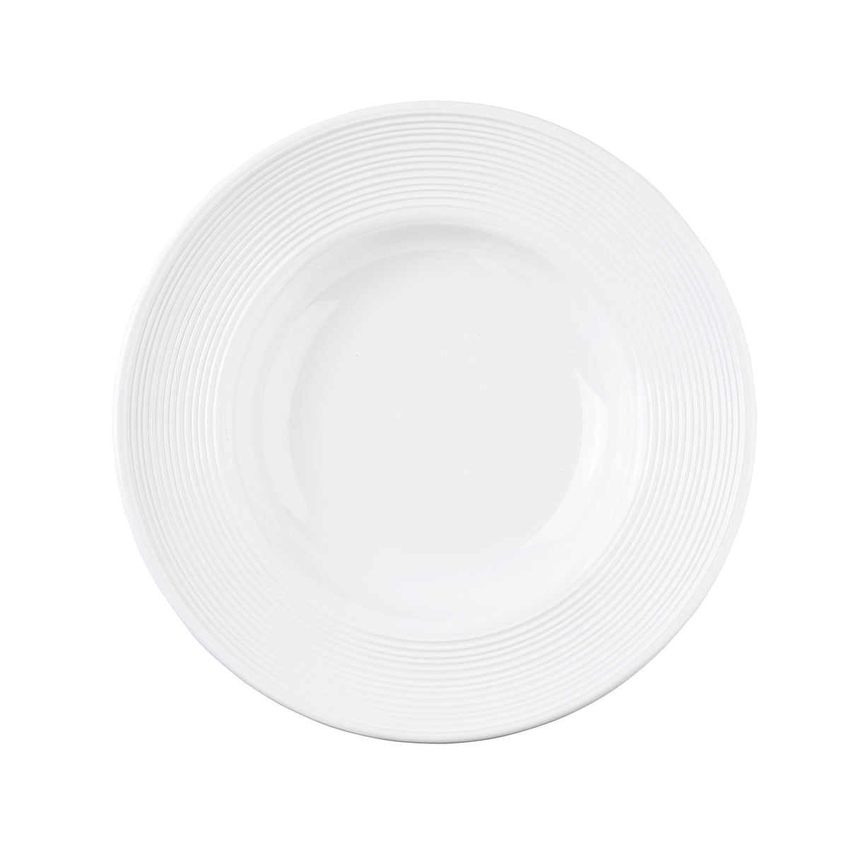A plain white TableCraft pasta bowl with a subtle ridged pattern along the wide rim, viewed from above on a white background. The melamine plate is empty and has a glossy finish.