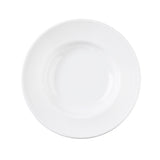 A plain white TableCraft pasta bowl with a subtle ridged pattern along the wide rim, viewed from above on a white background. The melamine plate is empty and has a glossy finish.
