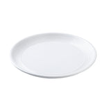 A plain white round plate with a smooth surface and subtle concentric ridges along the outer rim, photographed against a white background. The Pulito Collection Plate is empty and seen from a slight angle.