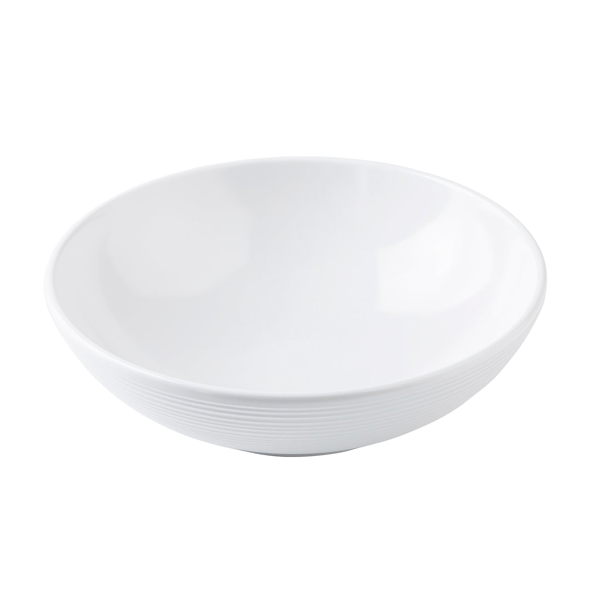 A plain, white, round Pulito Collection bowl with a smooth interior and subtle horizontal ridges near the base, photographed against a white background. This 24 oz. bowl features a wide rim and gently sloping sides, perfect for any meal.