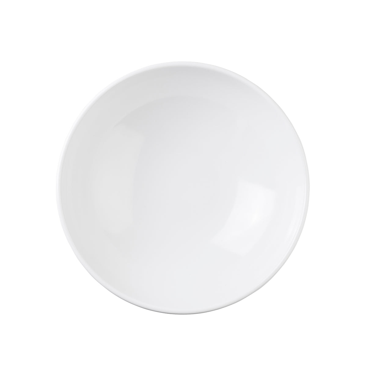 A round, plain white Pulito Collection bowl is shown from above, empty and centered against a white background. The bowl has smooth, glossy surfaces and a slightly curved rim.