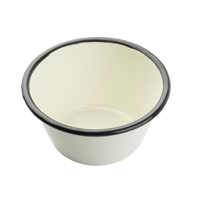 A white, round Enamelware bowl with a smooth surface and a black rim, photographed on a plain white background. The bowl is empty and its interior is clearly visible, showcasing a glossy finish.