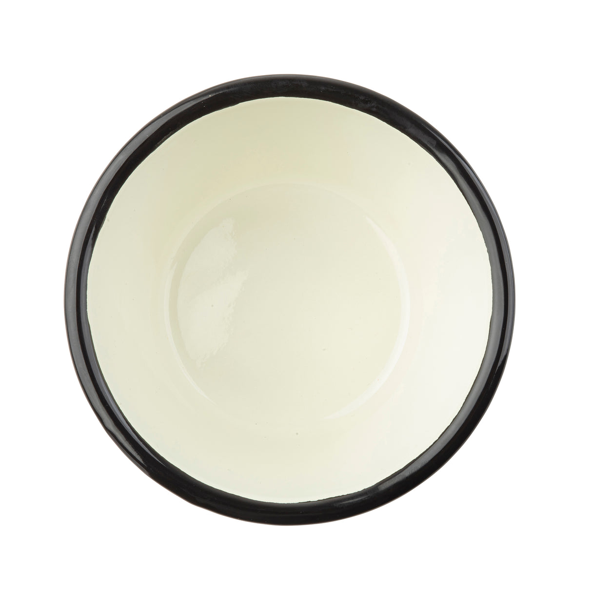 A top-down view of an empty, round Enamelware bowl with a shiny cream-colored surface and a thick black rim, set against a white background. The bowl appears clean and simple in design.