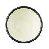 A top-down view of an empty, round Enamelware bowl with a shiny cream-colored surface and a thick black rim, set against a white background. The bowl appears clean and simple in design.