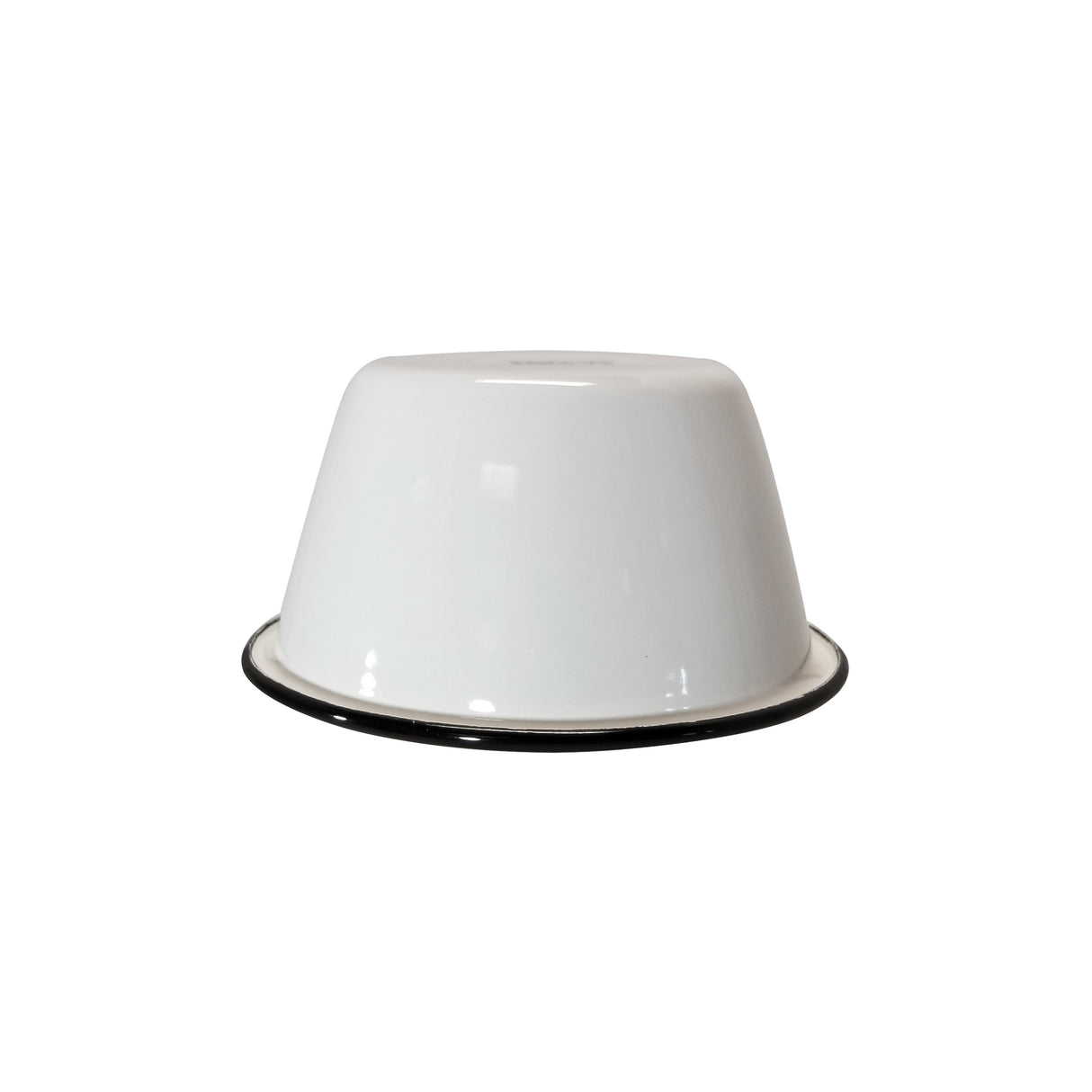 A white Enamelware bowl is turned upside down on a white background. The bowl’s smooth, glossy surface and black rim at the base stand out in this minimal image, with no other objects present.