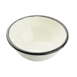 A classic white enamelware bowl with a glossy finish and flared rim edged in black. The round TableCraft 11152 porcelain enamel bowl is empty and set against a plain white background.