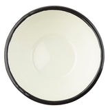 A top-down view of a simple, empty, round TableCraft 11152 enamelware bowl. The bowl is white with a glossy finish and a thick, dark rim, set against a white background with no visible patterns or decorations.