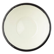 A top-down view of a simple, empty, round TableCraft 11152 enamelware bowl. The bowl is white with a glossy finish and a thick, dark rim, set against a white background with no visible patterns or decorations.