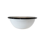 A white, round TableCraft 11152 enamelware bowl with a glossy finish and a slightly flared rim outlined in black. This porcelain enamel bowl is empty and sits on a plain white background, shown from a side angle.