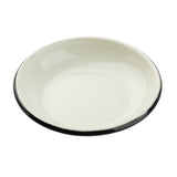 A plain, round, shallow porcelain enamel plate with a smooth, glossy white surface and a thin black rim is shown from above on a white background. The plate is empty and features a simple, minimalist design.