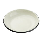 A plain, round, shallow porcelain enamel plate with a smooth, glossy white surface and a thin black rim is shown from above on a white background. The plate is empty and features a simple, minimalist design.