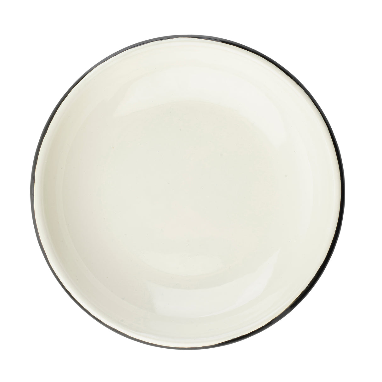 A plain, round Enamelware plate with a thin, dark rim. Photographed from above against a white background, the off-white ceramic plate appears clean and empty with a glossy finish.