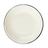 A plain, round Enamelware plate with a thin, dark rim. Photographed from above against a white background, the off-white ceramic plate appears clean and empty with a glossy finish.