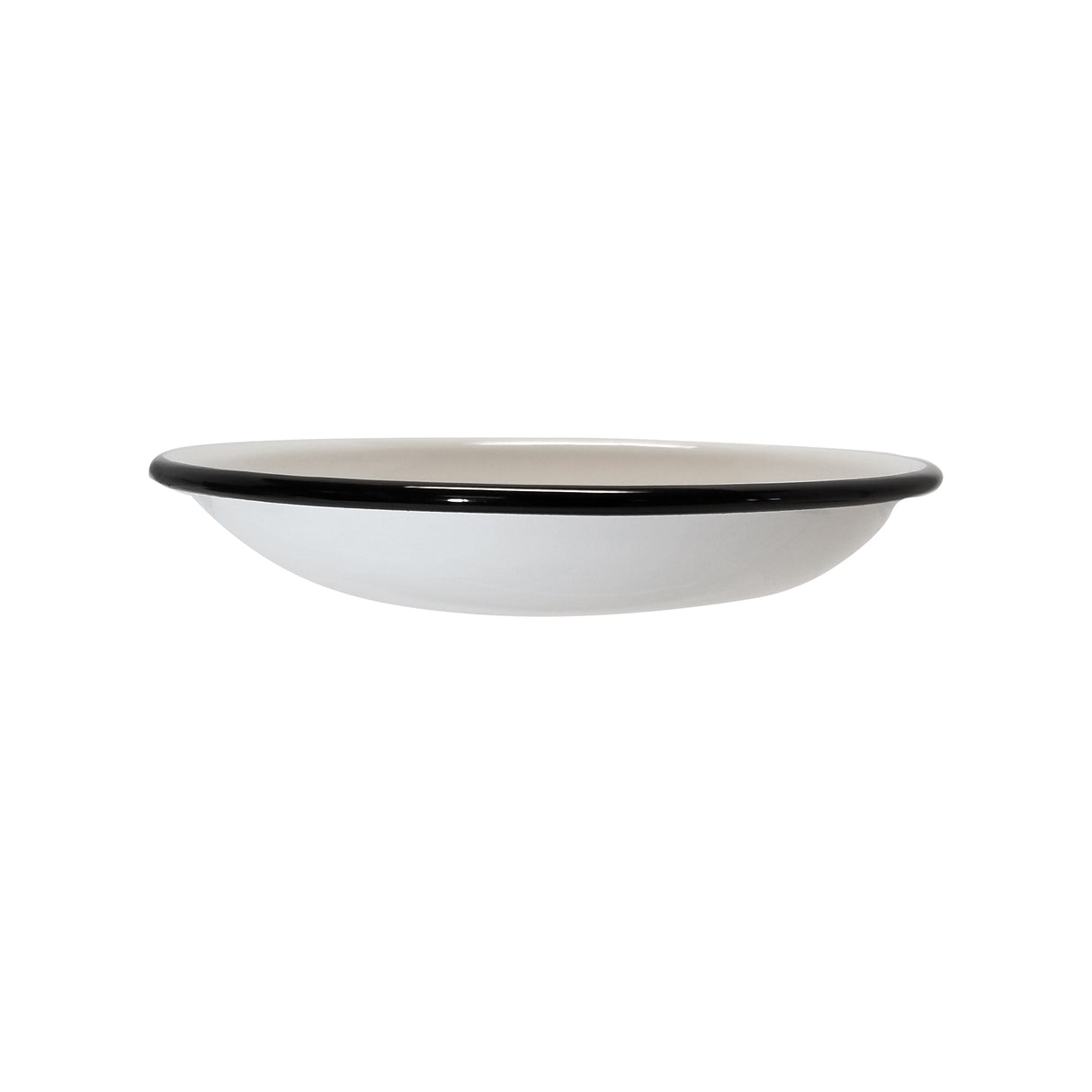 A shallow, round, white porcelain enamel plate with a slightly curved shape and a black rim. The plate has a smooth, glossy finish and is photographed against a plain white background.
