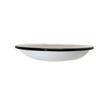 A shallow, round, white porcelain enamel plate with a slightly curved shape and a black rim. The plate has a smooth, glossy finish and is photographed against a plain white background.