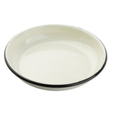 A shallow, round, white enamelware plate with a slightly raised rim and a thin black border along the edge, photographed on a plain white background. The glossy finish highlights this classic TableCraft Products design. The plate is empty.